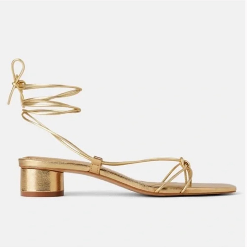 Zara Gold metallic block heel lace up sandals size 41